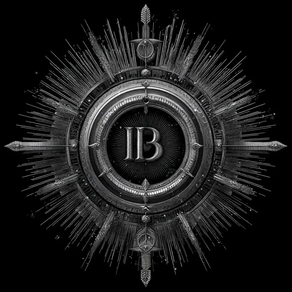 Sacred circular emblem with radiant glyphs and the IB monogram at the center, symbolizing structured ascension and the code of Idaam Bilaac Global