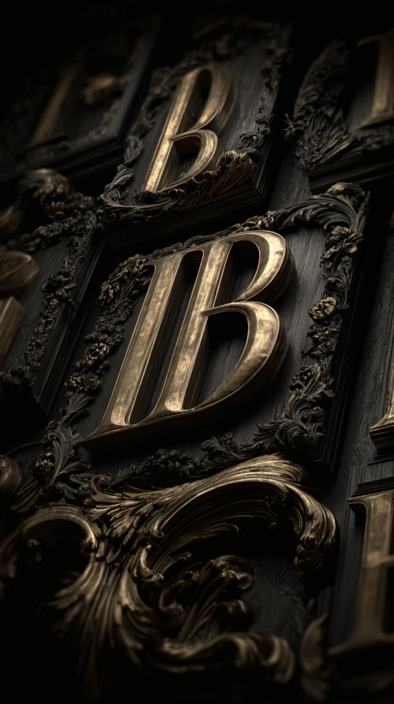 Golden IB monogram engraved in ornate blackwood frame, representing the complete 56-page doctrine of Idaam Bilaac in structured, sacred form