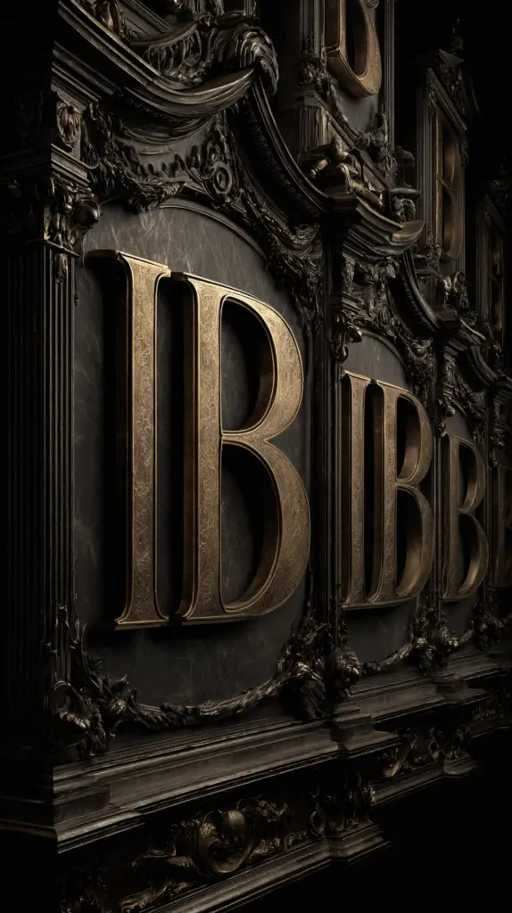 Engraved gold IB monogram in black stone and baroque framework, symbolizing personalized alignment through Idaam Bilaac Zoom consultation calls